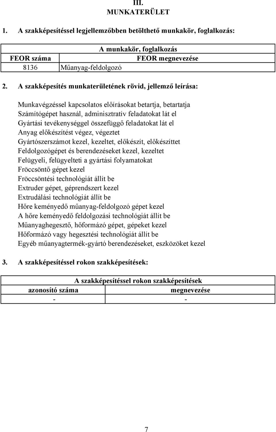 összefüggő feladatokat lát el Anyag előkészítést végez, végeztet Gyártószerszámot kezel, kezeltet, előkészít, előkészíttet Feldolgozógépet és berendezéseket kezel, kezeltet Felügyeli, felügyelteti a