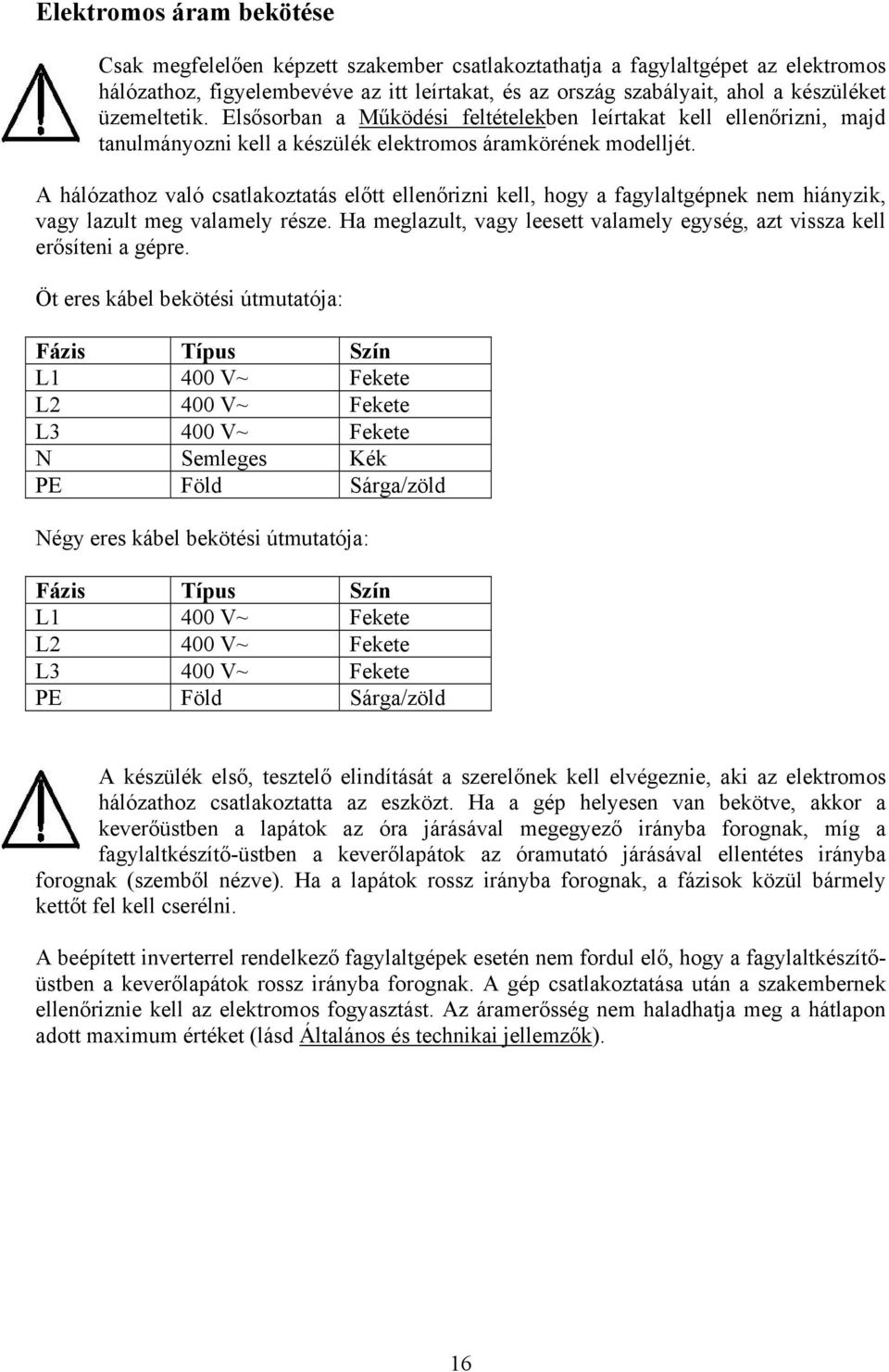 A hálózathoz való csatlakoztatás előtt ellenőrizni kell, hogy a fagylaltgépnek nem hiányzik, vagy lazult meg valamely része.