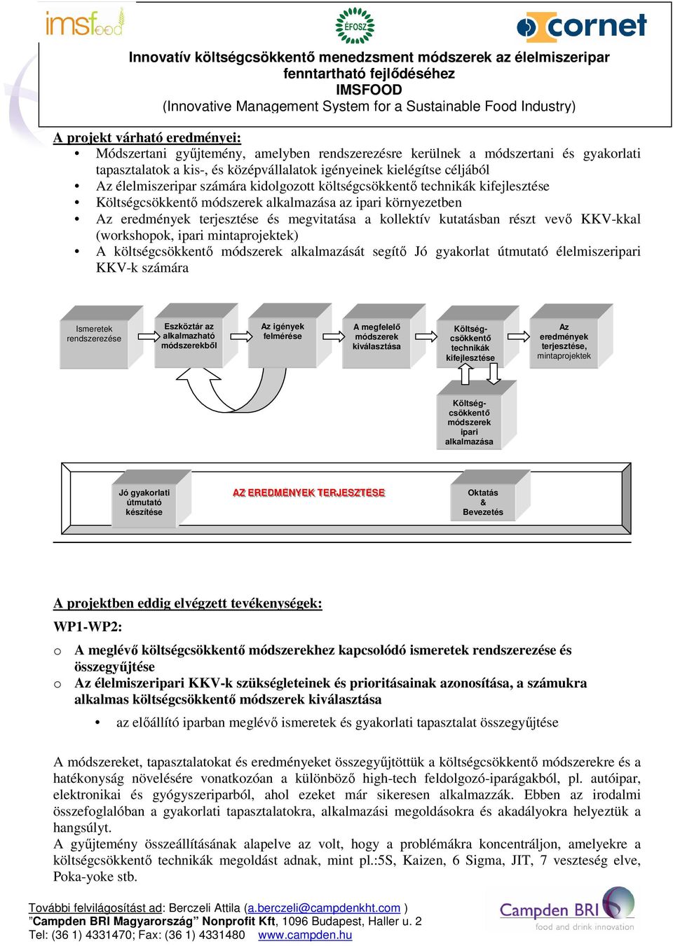 vevő KKV-kkal (workshopok, ipari mintaprojektek) A költségcsökkentő alkalmazását segítő Jó gyakorlat útmutató élelmiszeripari KKV-k számára Ismeretek rendszerezése Eszköztár az alkalmazható ből Az