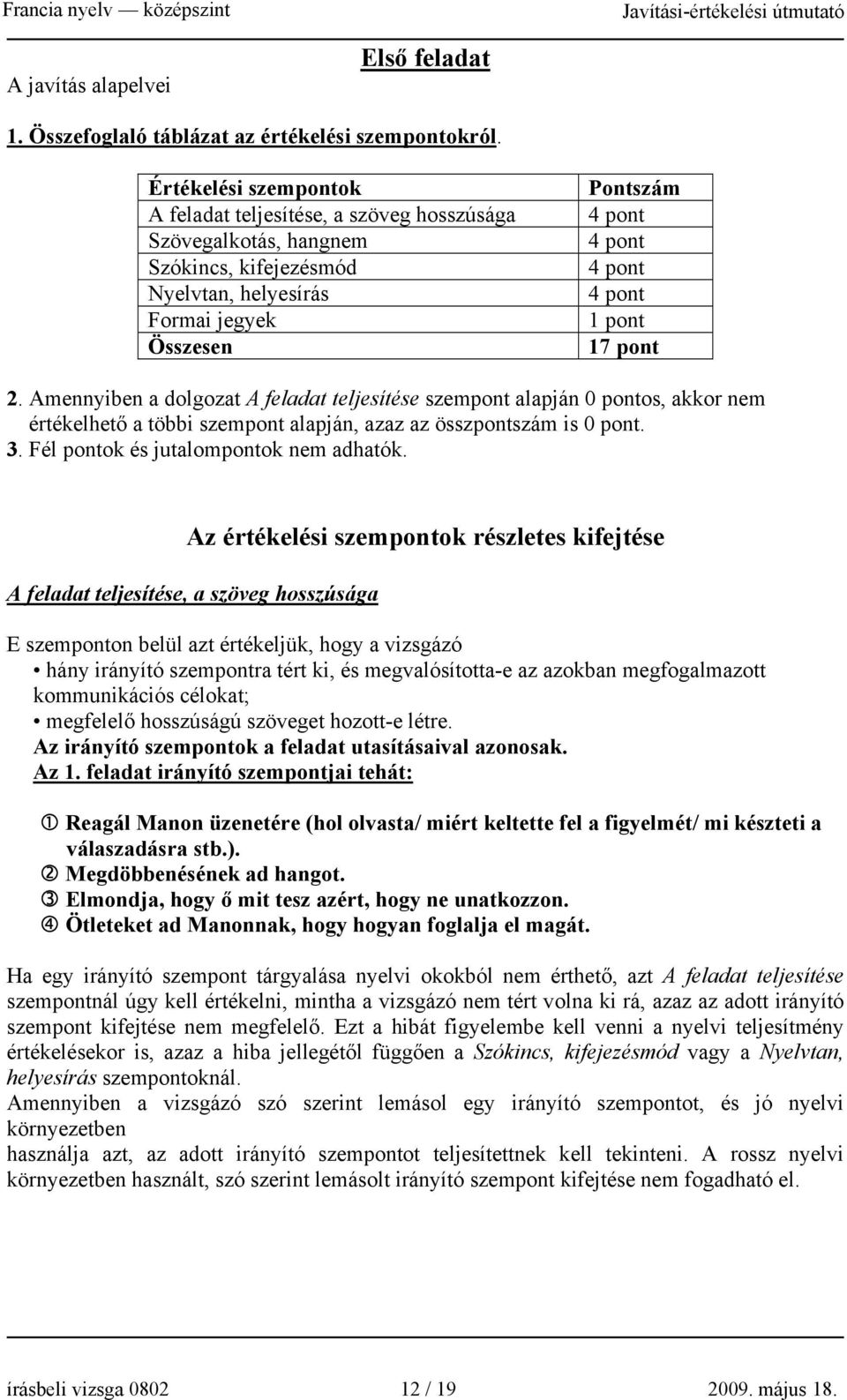 Amennyiben a dolgozat A feladat teljesítése szempont alapján 0 pontos, akkor nem értékelhető a többi szempont alapján, azaz az összpontszám is 0 pont. 3. Fél pontok és jutalompontok nem adhatók.