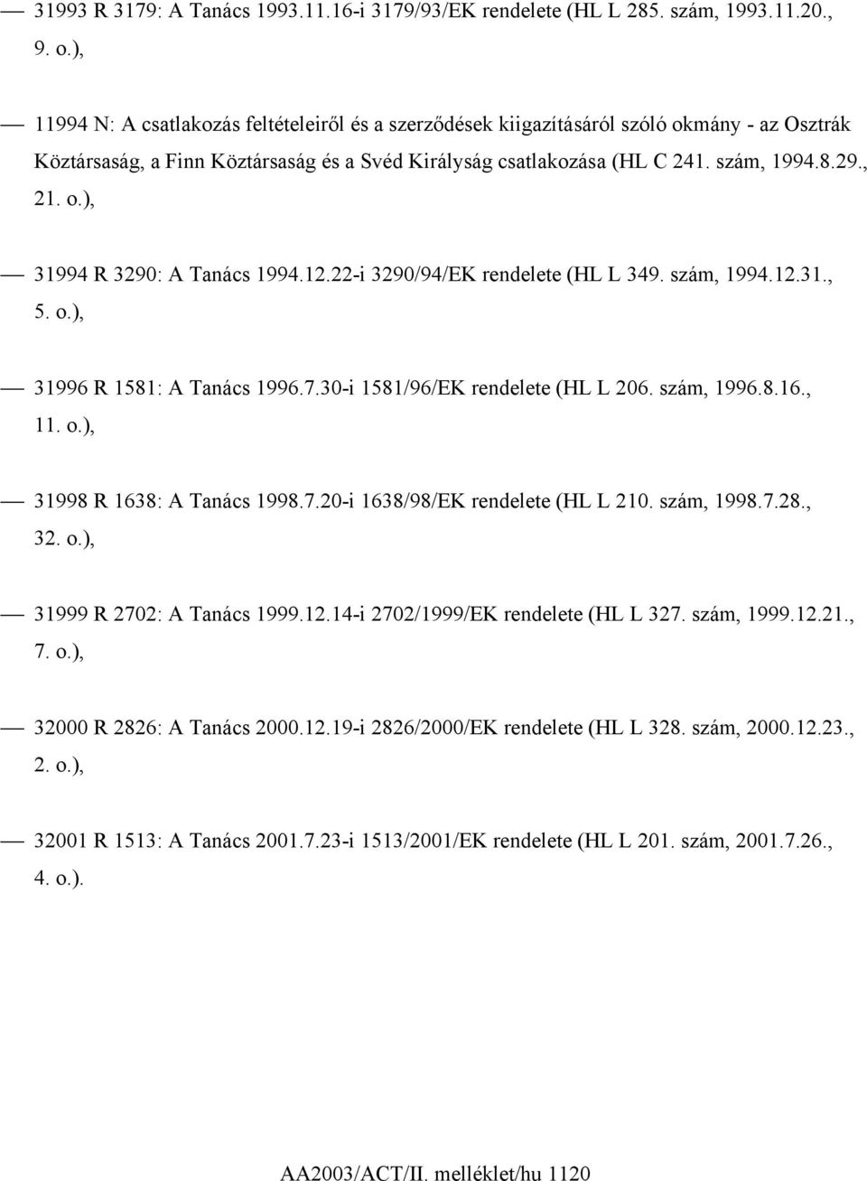 12.22-i 3290/94/EK rendelete (HL L 349. szám, 1994.12.31., 5. o.), 31996 R 1581: A Tanács 1996.7.30-i 1581/96/EK rendelete (HL L 206. szám, 1996.8.16., 11. o.), 31998 R 1638: A Tanács 1998.7.20-i 1638/98/EK rendelete (HL L 210.