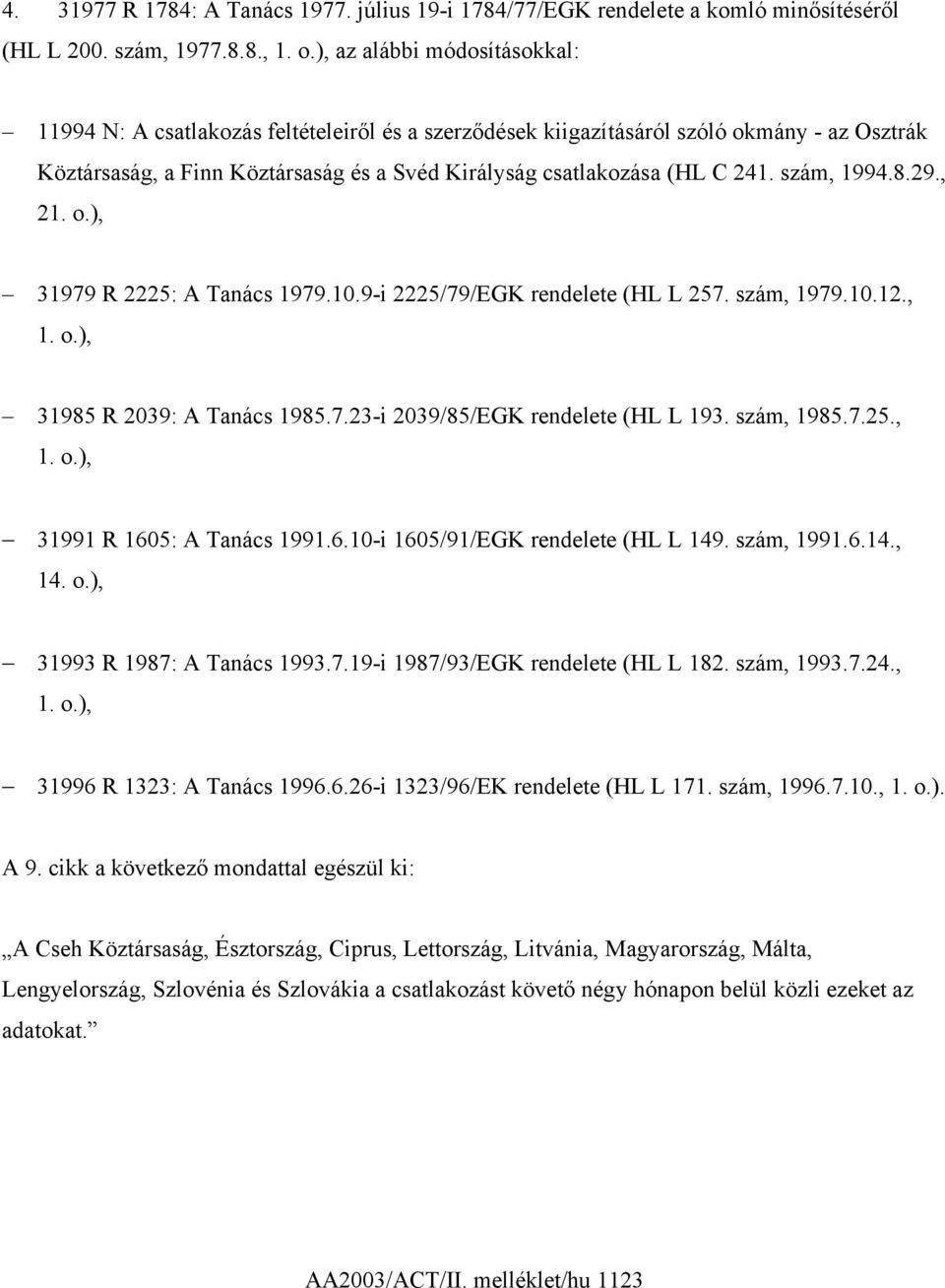 szám, 1994.8.29., 21. o.), 31979 R 2225: A Tanács 1979.10.9-i 2225/79/EGK rendelete (HL L 257. szám, 1979.10.12., 1. o.), 31985 R 2039: A Tanács 1985.7.23-i 2039/85/EGK rendelete (HL L 193.