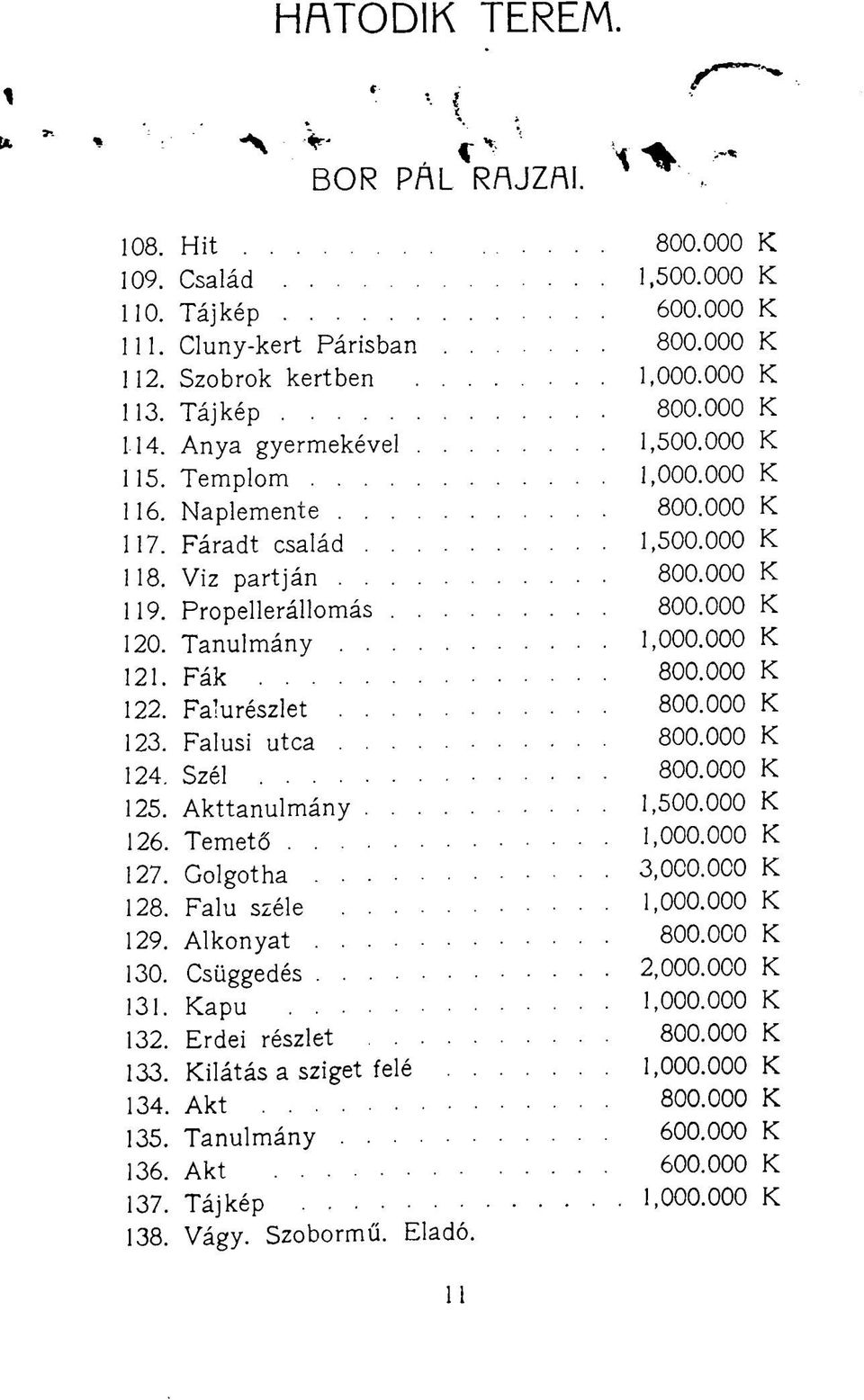 000 K 121. Fák 800.000 K 122. Falurészlet 800.000 K 123. Falusi utca 800.000 K 124. Szél 800.000 K 125. Akttanulmány.... 1,500.000 K 126. Temető 1,000.000 K 127. Golgotha 128. Falu széle 1,000.