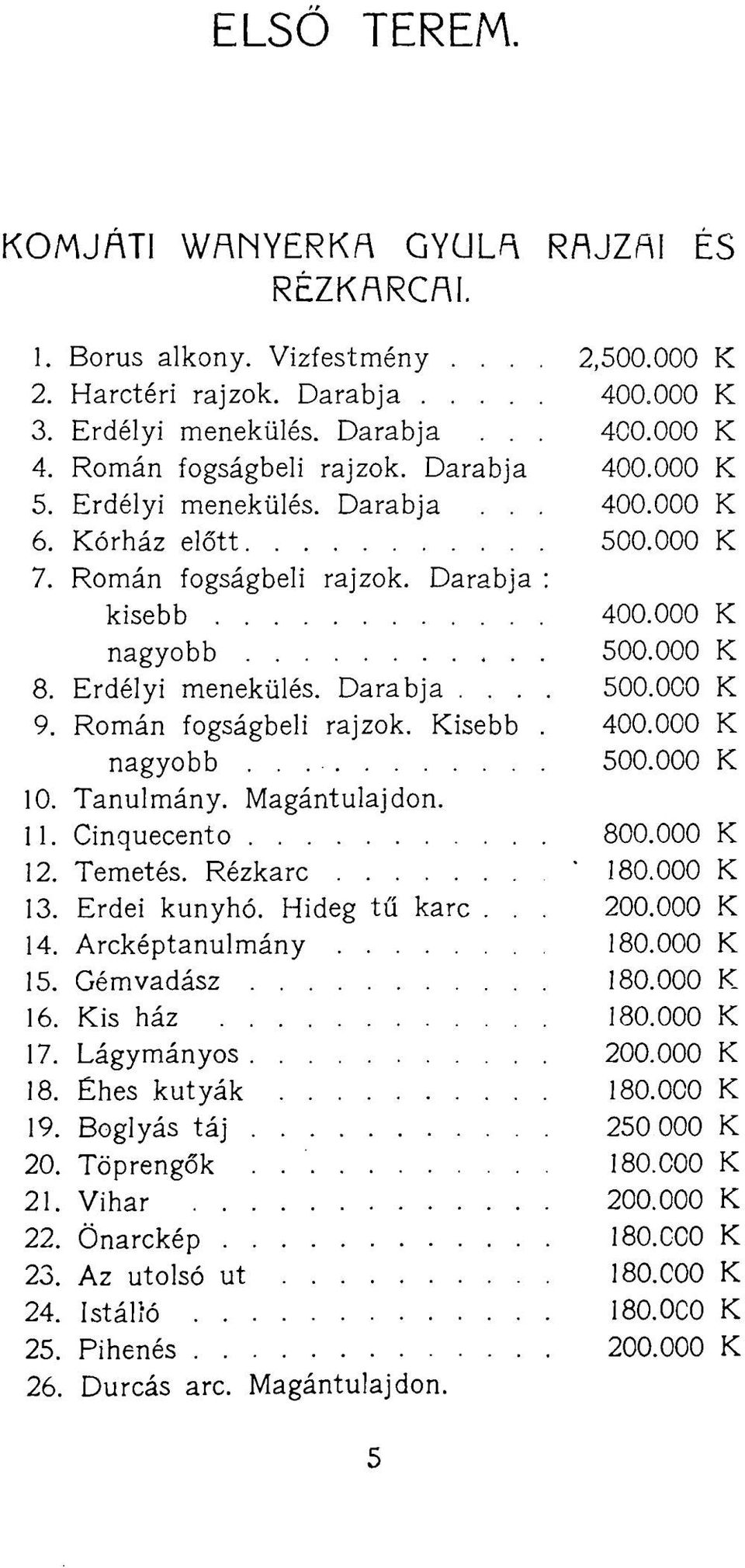 Erdélyi menekülés. Darabja.... 500.000 K 9. Román fogságbeli rajzok. Kisebb. 400.000 K nagyobb 500.000 K 10. Tanulmány. Magántulajdon. 11. Cinquecento 800.000 K 12. Temetés. Rézkarc ' 180.000 K 13.