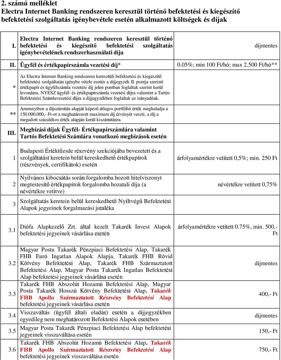 Ügyfél és értékpapírszámla vezetési díj* 0.05%; min 100 Ft/hó; max 2.500 Ft/hó** * ** III.