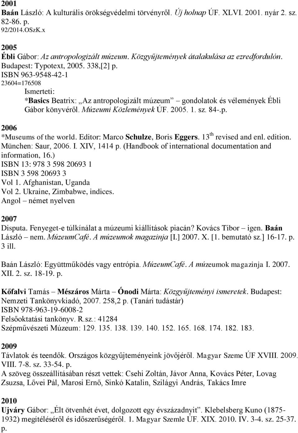 ISBN 963-9548-42-1 23604=176508 *Basics Beatrix: Az antropologizált múzeum gondolatok és vélemények Ébli Gábor könyvéről. Múzeumi Közlemények ÚF. 2005. 1. sz. 84-.p. 2006 *Museums of the world.