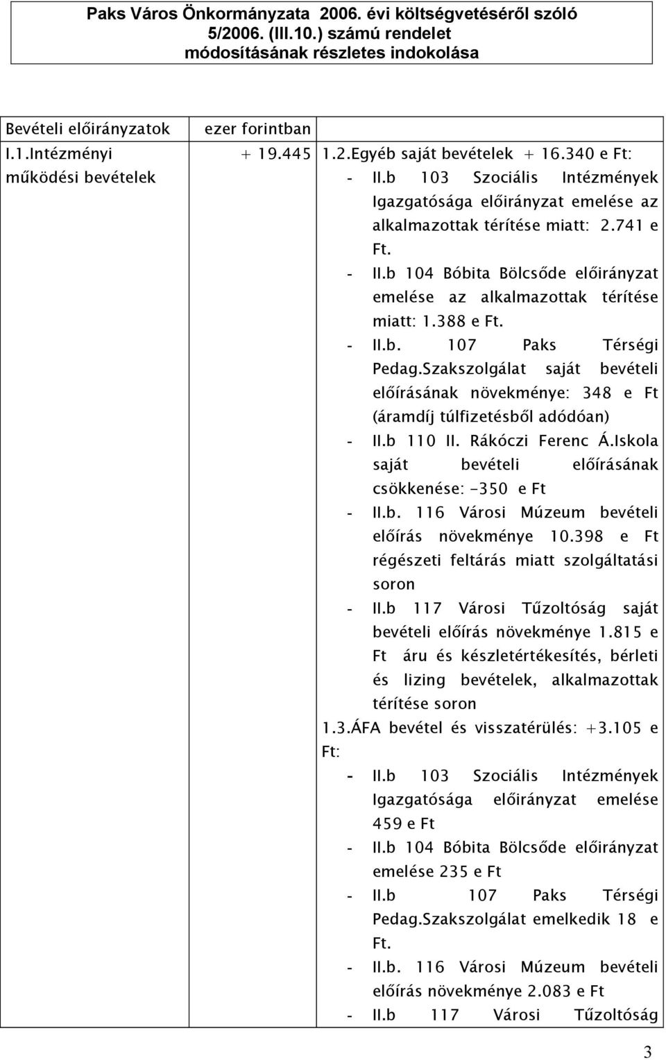 388 e Ft. - II.b. 107 Paks Térségi Pedag.Szakszolgálat saját bevételi előírásának növekménye: 348 e Ft (áramdíj túlfizetésből adódóan) - II.b 110 II. Rákóczi Ferenc Á.