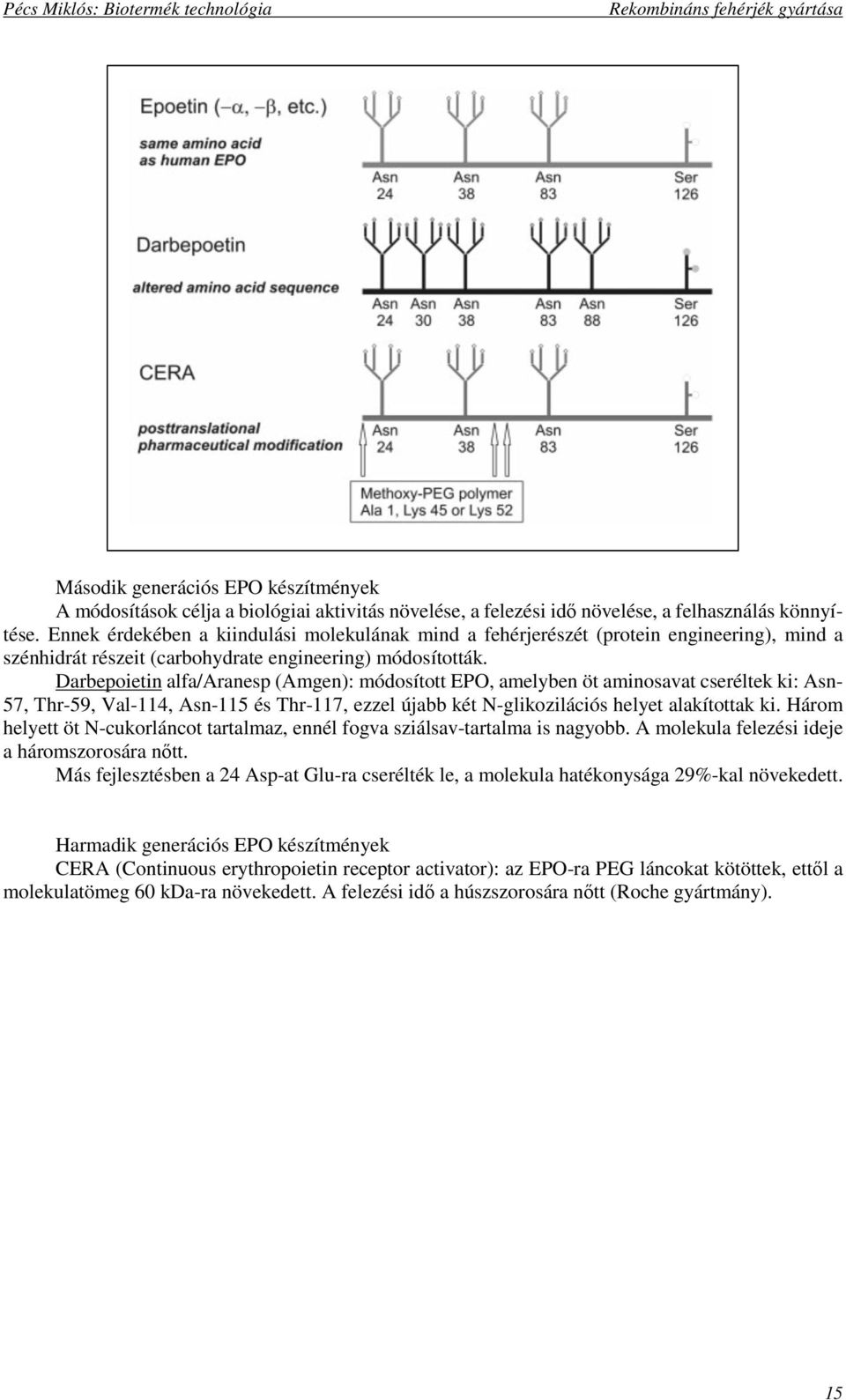 Darbepoietin alfa/aranesp (Amgen): módosított EPO, amelyben öt aminosavat cseréltek ki: Asn- 57, Thr-59, Val-114, Asn-115 és Thr-117, ezzel újabb két N-glikozilációs helyet alakítottak ki.