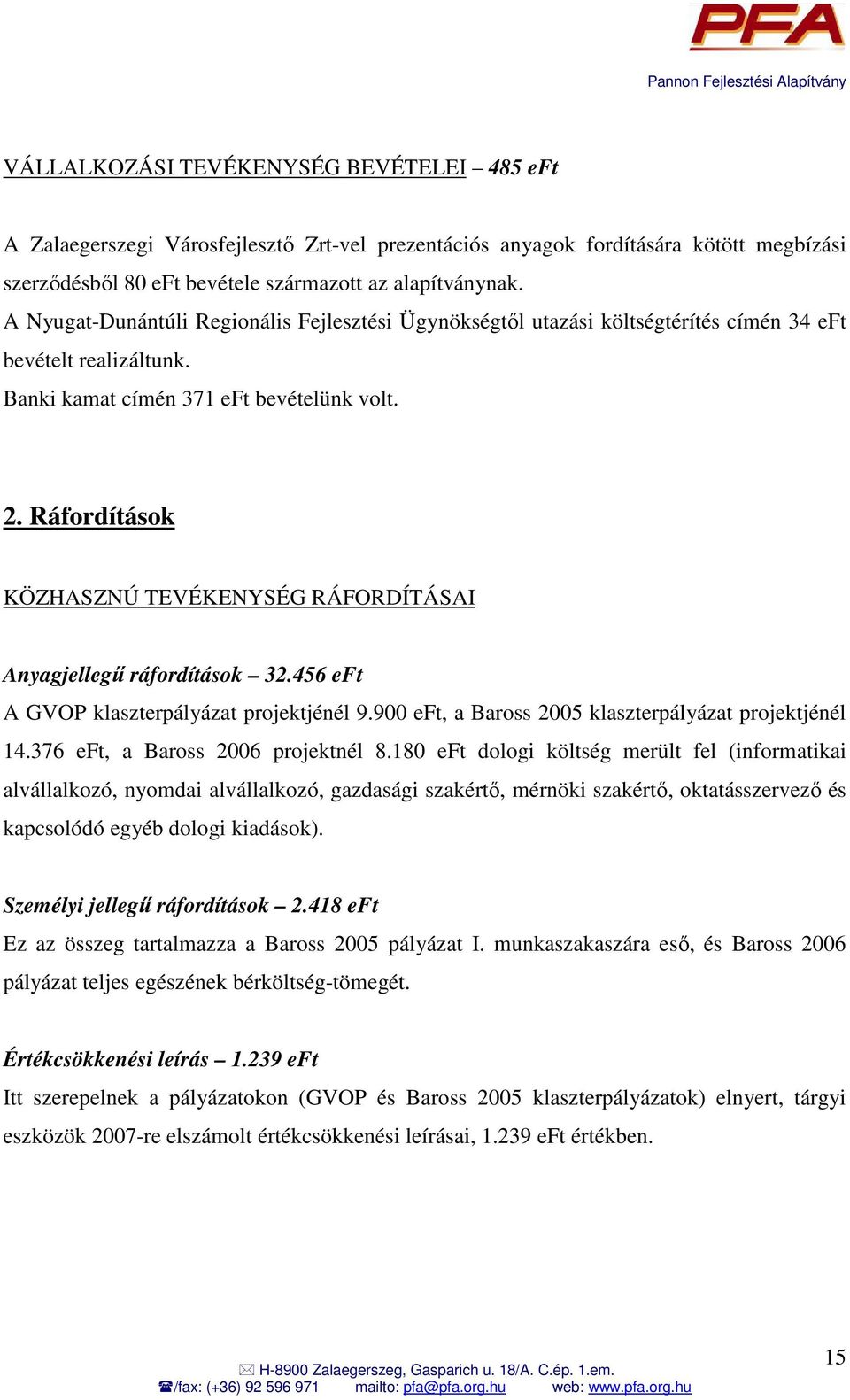 Ráfordítások KÖZHASZNÚ TEVÉKENYSÉG RÁFORDÍTÁSAI Anyagjellegő ráfordítások 32.456 eft A GVOP klaszterpályázat projektjénél 9.900 eft, a Baross 2005 klaszterpályázat projektjénél 14.