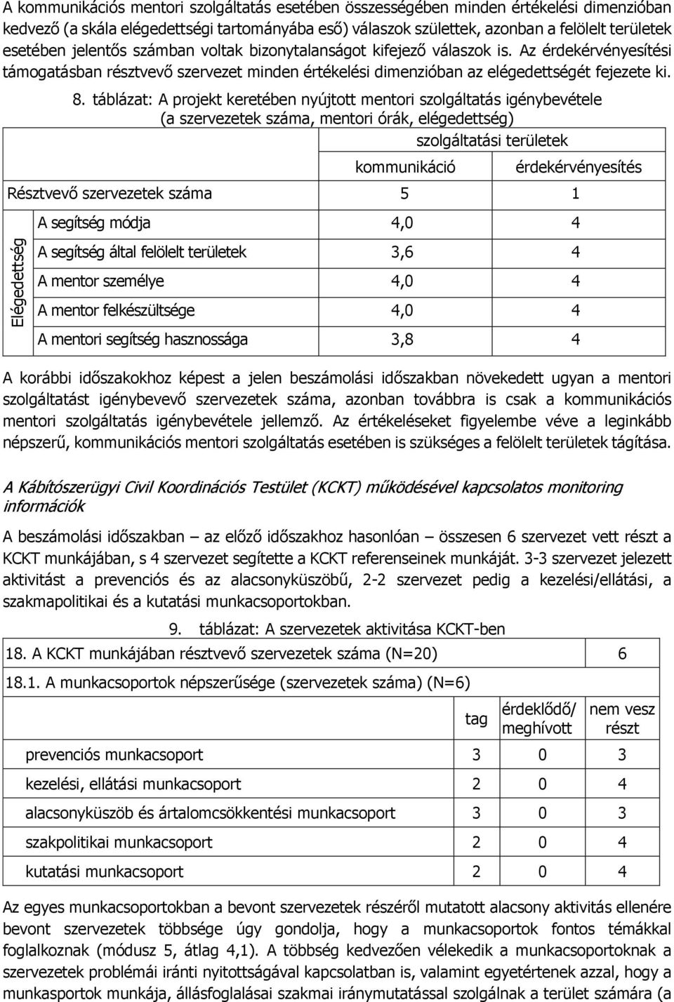 táblázat: A projekt keretében nyújtott mentori szolgáltatás igénybevétele (a szervezetek száma, mentori órák, elégedettség) szolgáltatási területek kommunikáció érdekérvényesítés Résztvevő