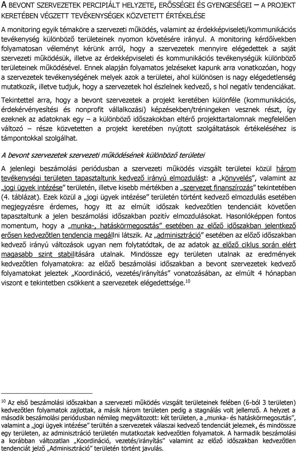 A monitoring kérdőívekben folyamatosan véleményt kérünk arról, hogy a szervezetek mennyire elégedettek a saját szervezeti működésük, illetve az érdekképviseleti és kommunikációs tevékenységük