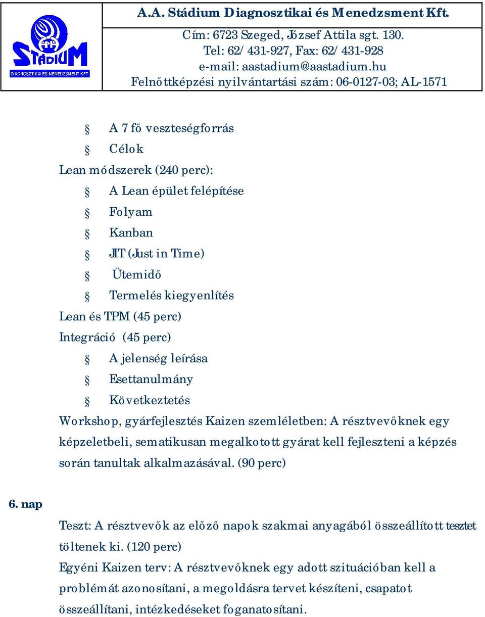 gyárat kell fejleszteni a képzés során tanultak alkalmazásával. (90 perc) 6. nap Teszt: A résztvevők az előző napok szakmai anyagából összeállított tesztet töltenek ki.