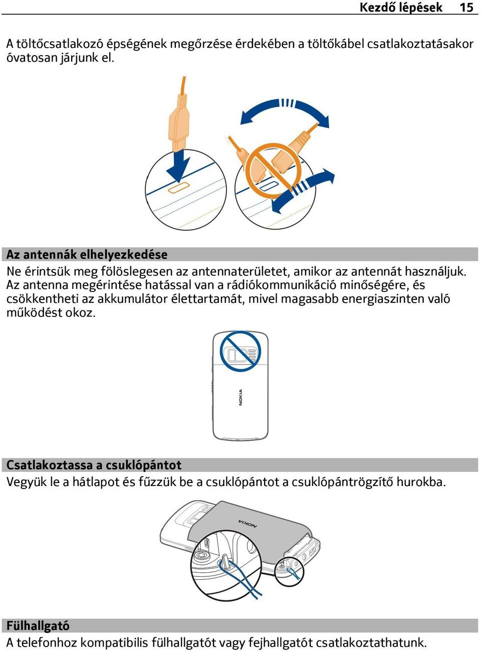 Az antenna megérintése hatással van a rádiókommunikáció minőségére, és csökkentheti az akkumulátor élettartamát, mivel magasabb energiaszinten