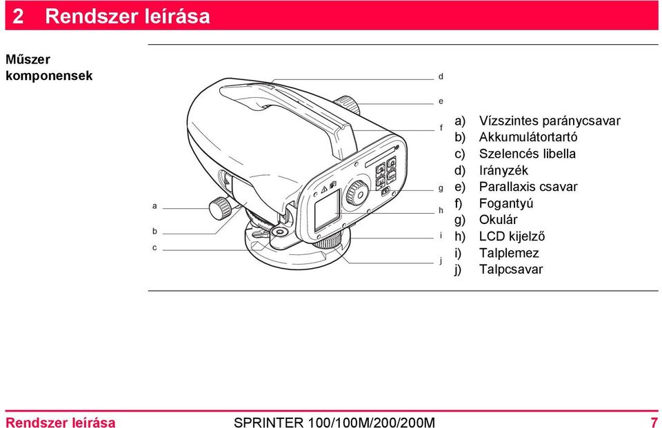 d) Irányzék e) Parallaxis csavar f) Fogantyú g) Okulár h) LCD kijelző