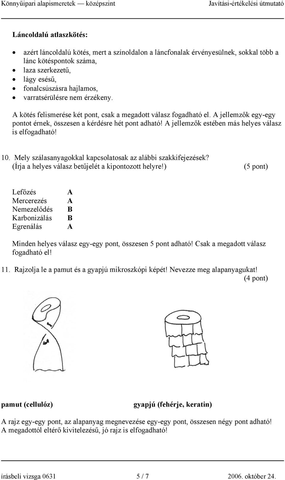 A jellemzők estében más helyes válasz is elfogadható! 10. Mely szálasanyagokkal kapcsolatosak az alábbi szakkifejezések? (Írja a helyes válasz betűjelét a kipontozott helyre!