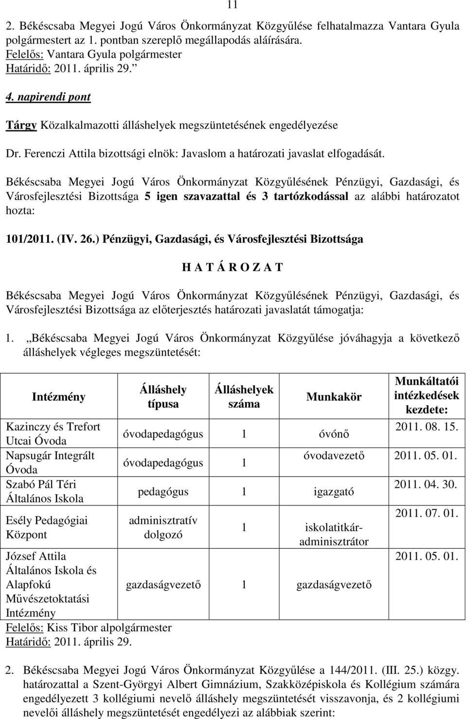 Városfejlesztési Bizottsága 5 igen szavazattal és 3 tartózkodással az alábbi határozatot hozta: 101/2011. (IV. 26.