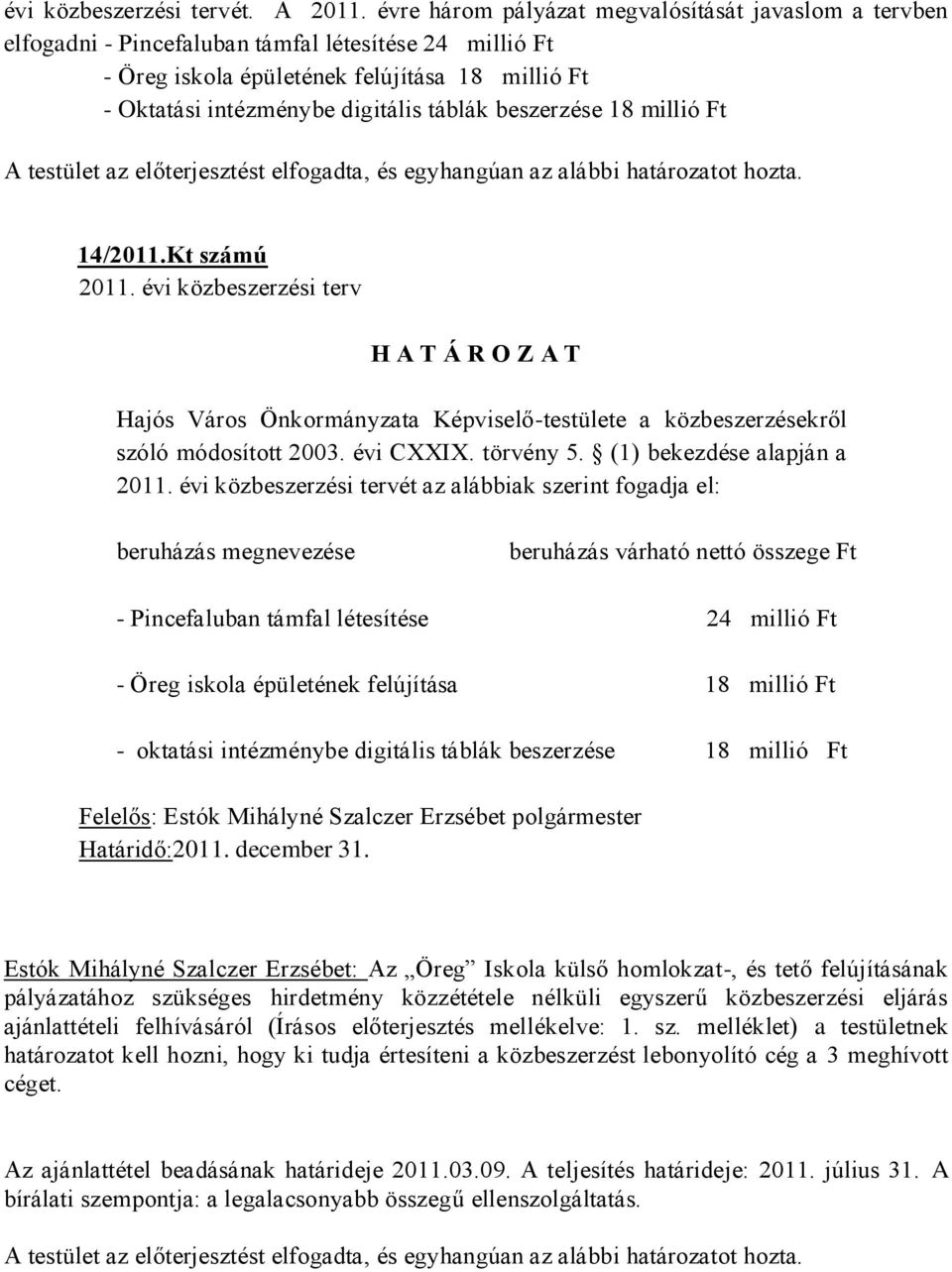 beszerzése 18 millió Ft A testület az előterjesztést elfogadta, és egyhangúan az alábbi határozatot hozta. 14/2011.Kt számú 2011.