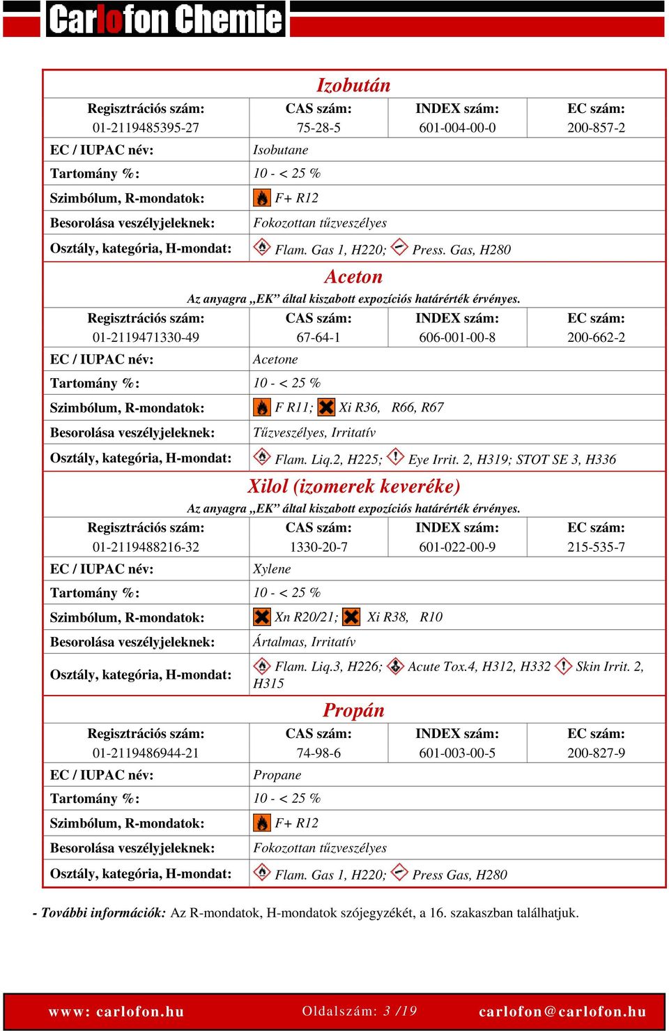 Regisztrációs szám: CAS szám: INDEX szám: EC szám: 01-2119471330-49 67-64-1 606-001-00-8 200-662-2 EC / IUPAC név: Acetone Tartomány %: 10 - < 25 % Szimbólum, R-mondatok: F R11; Xi R36, R66, R67