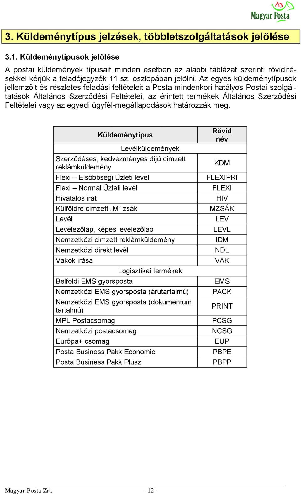 Az egyes küldeménytípusok jellemzőit és részletes feladási feltételeit a Posta mindenkori hatályos Postai szolgáltatások Általános Szerződési Feltételei, az érintett termékek Általános Szerződési