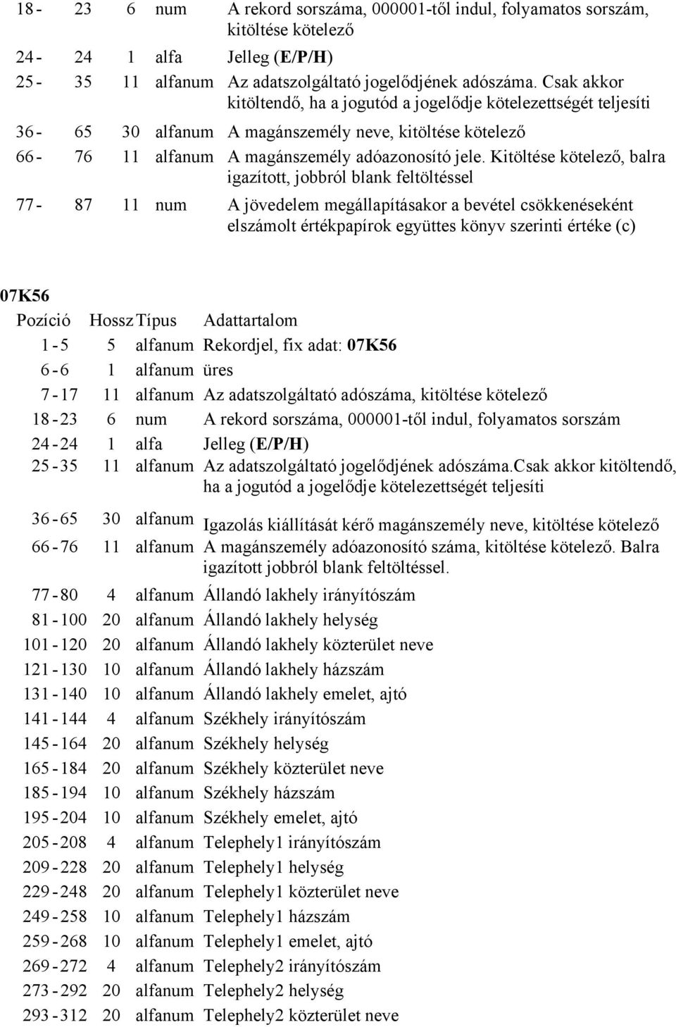 Kitöltése kötelező, balra 77-87 11 num A jövedelem megállapításakor a bevétel csökkenéseként elszámolt értékpapírok együttes könyv szerinti értéke (c) 07K56 1-5 5 alfanum Rekordjel, fix adat: 07K56