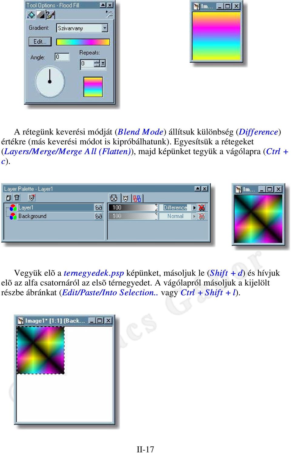 Egyesítsük a rétegeket (Layers/Merge/Merge All (Flatten)), majd képünket tegyük a vágólapra (Ctrl + c).