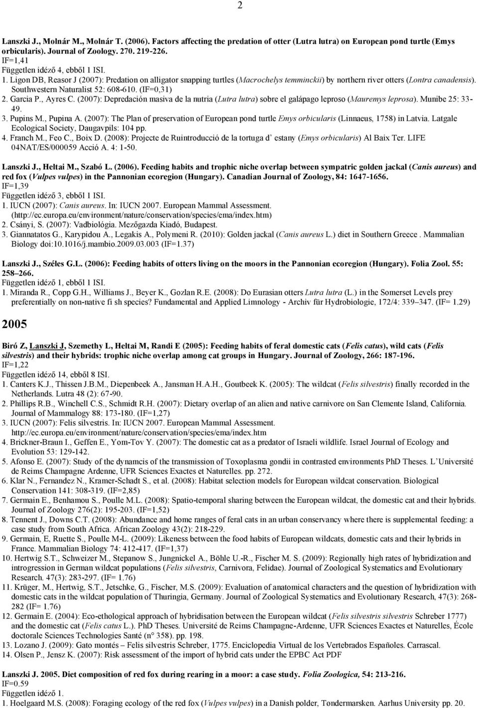 Southwestern Naturalist 52: 608-610. (IF=0,31) 2. Garcia P., Ayres C. (2007): Depredación masiva de la nutria (Lutra lutra) sobre el galápago leproso (Mauremys leprosa). Munibe 25: 33-49. 3. Pupins M.