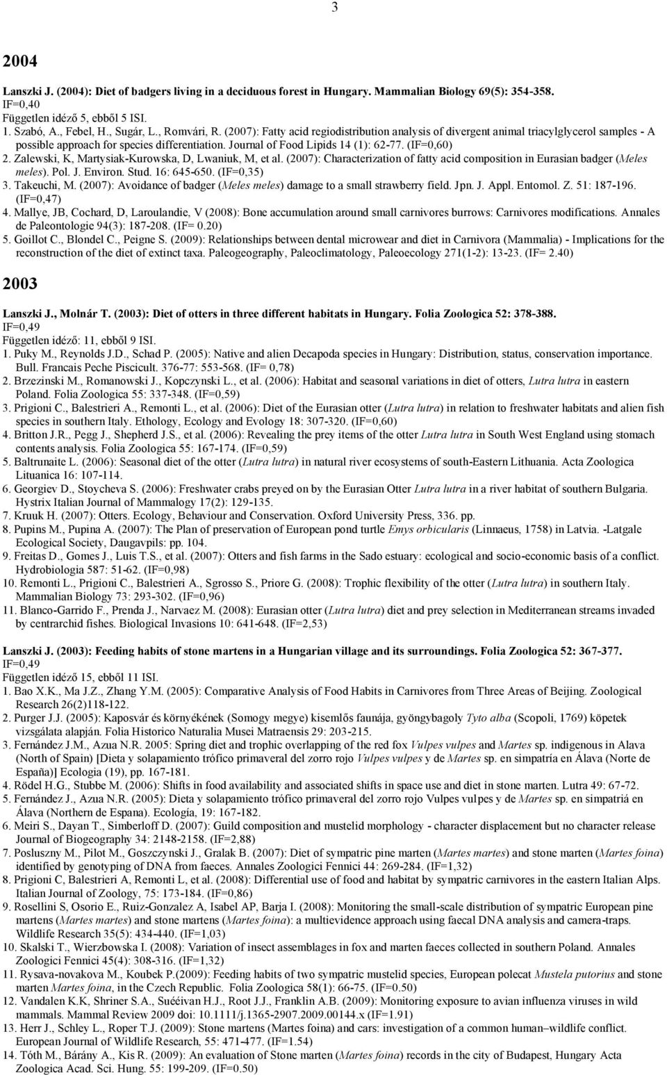 (IF=0,60) 2. Zalewski, K, Martysiak-Kurowska, D, Lwaniuk, M, et al. (2007): Characterization of fatty acid composition in Eurasian badger (Meles meles). Pol. J. Environ. Stud. 16: 645-650.