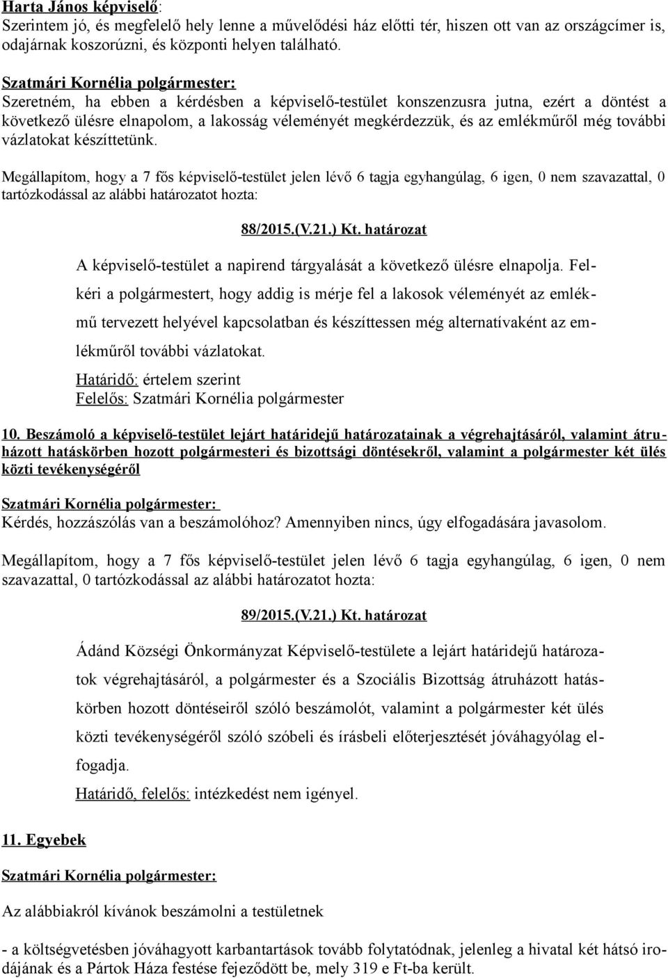 készíttetünk. Megállapítom, hogy a 7 fős képviselő-testület jelen lévő 6 tagja egyhangúlag, 6 igen, 0 nem szavazattal, 0 tartózkodással az alábbi határozatot hozta: 88/2015.(V.21.) Kt.