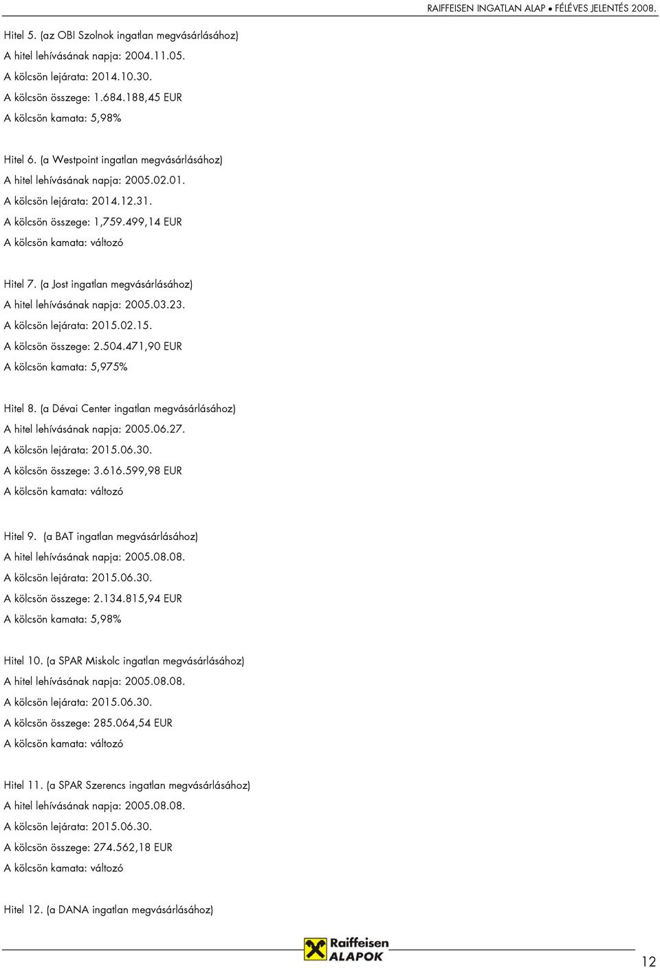 (a Jost ingatlan megvásárlásához) A hitel lehívásának napja: 2005.03.23. A kölcsön lejárata: 2015.02.15. A kölcsön összege: 2.504.471,90 EUR A kölcsön kamata: 5,975% Hitel 8.