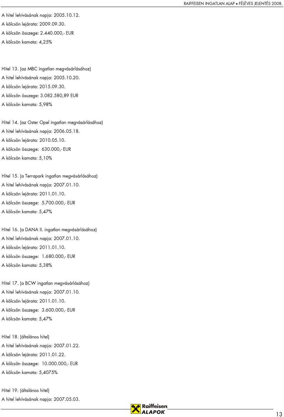 (az Oster Opel ingatlan megvásárlásához) A hitel lehívásának napja: 2006.05.18. A kölcsön lejárata: 2010.05.10. A kölcsön összege: 630.000,- EUR A kölcsön kamata: 5,10% Hitel 15.