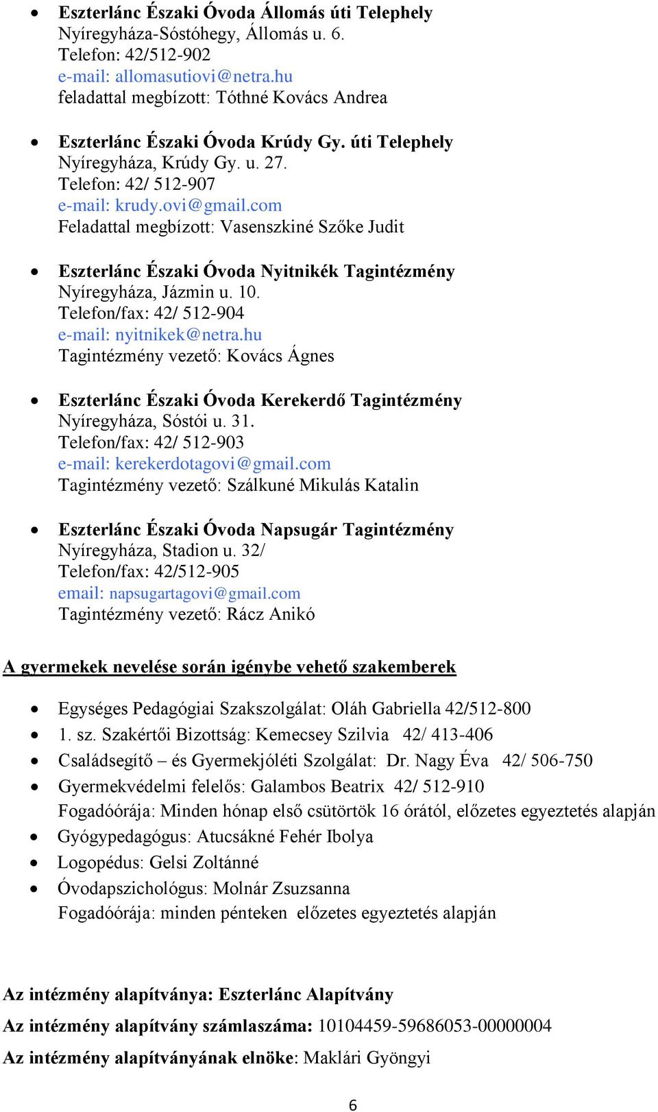 com Feladattal megbízott: Vasenszkiné Szőke Judit Eszterlánc Északi Óvoda Nyitnikék Tagintézmény Nyíregyháza, Jázmin u. 10. Telefon/fax: 42/ 512-904 e-mail: nyitnikek@netra.