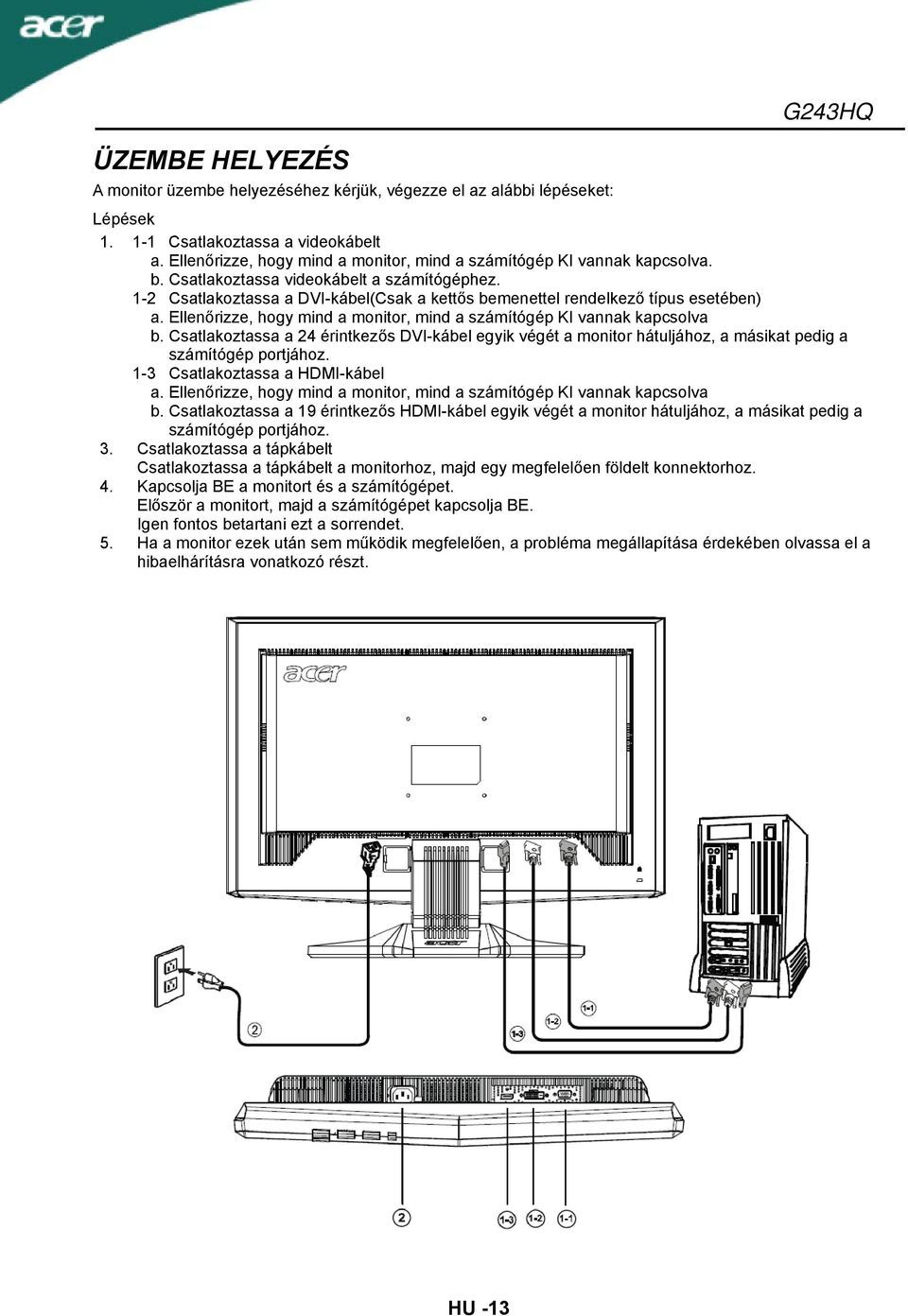 1-2 Csatlakoztassa a DVI-kábel(Csak a kettős bemenettel rendelkező típus esetében) a. Ellenőrizze, hogy mind a monitor, mind a számítógép KI vannak kapcsolva b.