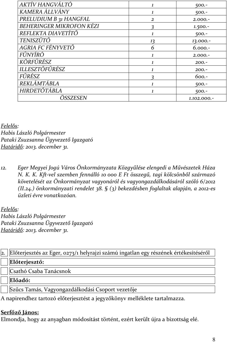 december 31. 12. Eger Megyei Jogú Város Önkormányzata Kö