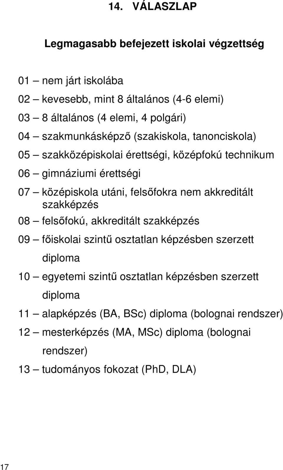 nem akkreditált szakképzés 08 felsőfokú, akkreditált szakképzés 09 főiskolai szintű osztatlan képzésben szerzett diploma 10 egyetemi szintű osztatlan