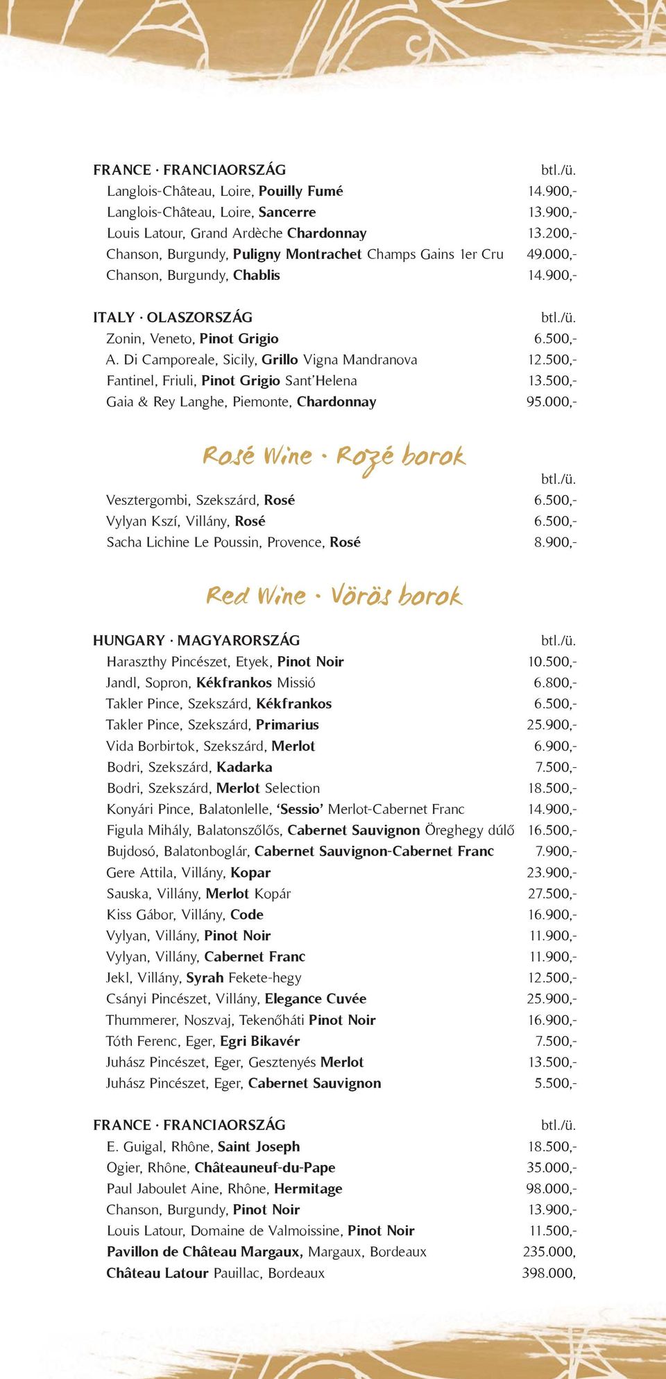 Di Camporeale, Sicily, Grillo Vigna Mandranova 12.500,- Fantinel, Friuli, Pinot Grigio Sant Helena 13.500,- Gaia & Rey Langhe, Piemonte, Chardonnay 95.