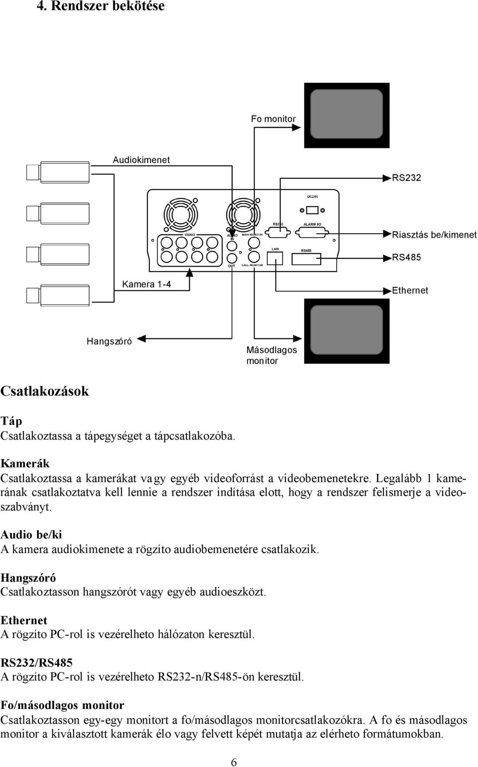 Audio be/ki A kamera audiokimenete a rögzíto audiobemenetére csatlakozik. Hangszóró Csatlakoztasson hangszórót vagy egyéb audioeszközt. Ethernet A rögzíto PC-rol is vezérelheto hálózaton keresztül.