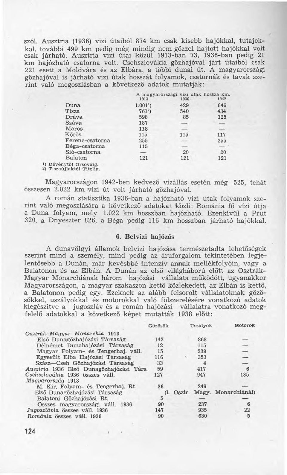 A magyarországi gőzhajóval is járható vízi útak hosszát folyamok, csatornák és tavak szerint való megoszlásban a következő adatok mutatják: Duna Tisza Dráva Száva Maros Kőrös Ferenc-csatorna