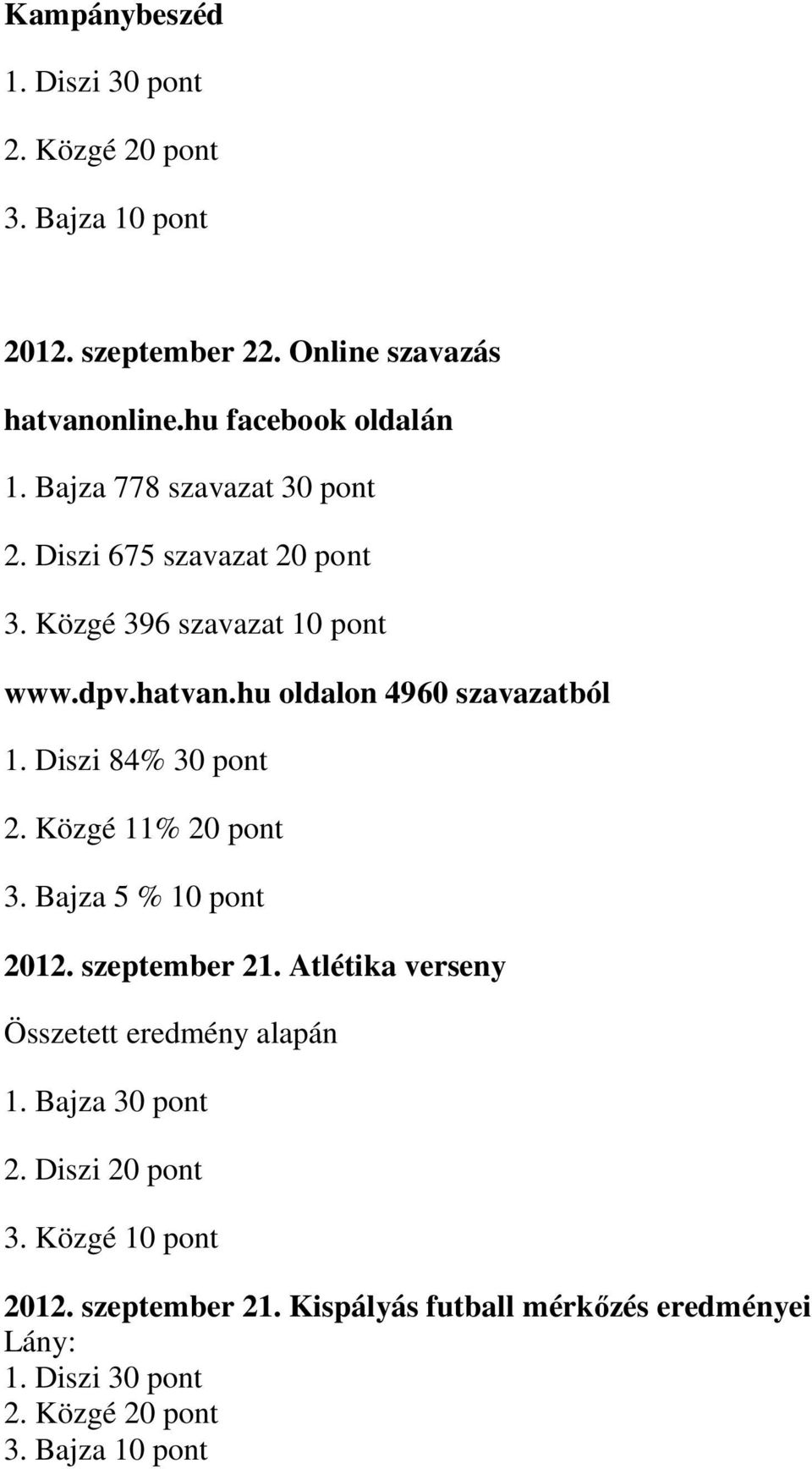 Diszi 84% 30 pont 2. Közgé 11% 20 pont 3. Bajza 5 % 10 pont 2012. szeptember 21. Atlétika verseny Összetett eredmény alapán 1.