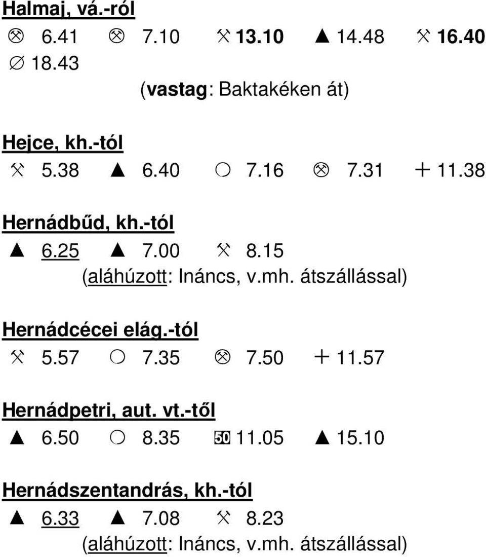 mh. átszállással) Hernádcécei elág.-tól X 5.57 O 7.35 M 7.50 + 11.57 Hernádpetri, aut. vt.-től I 6.