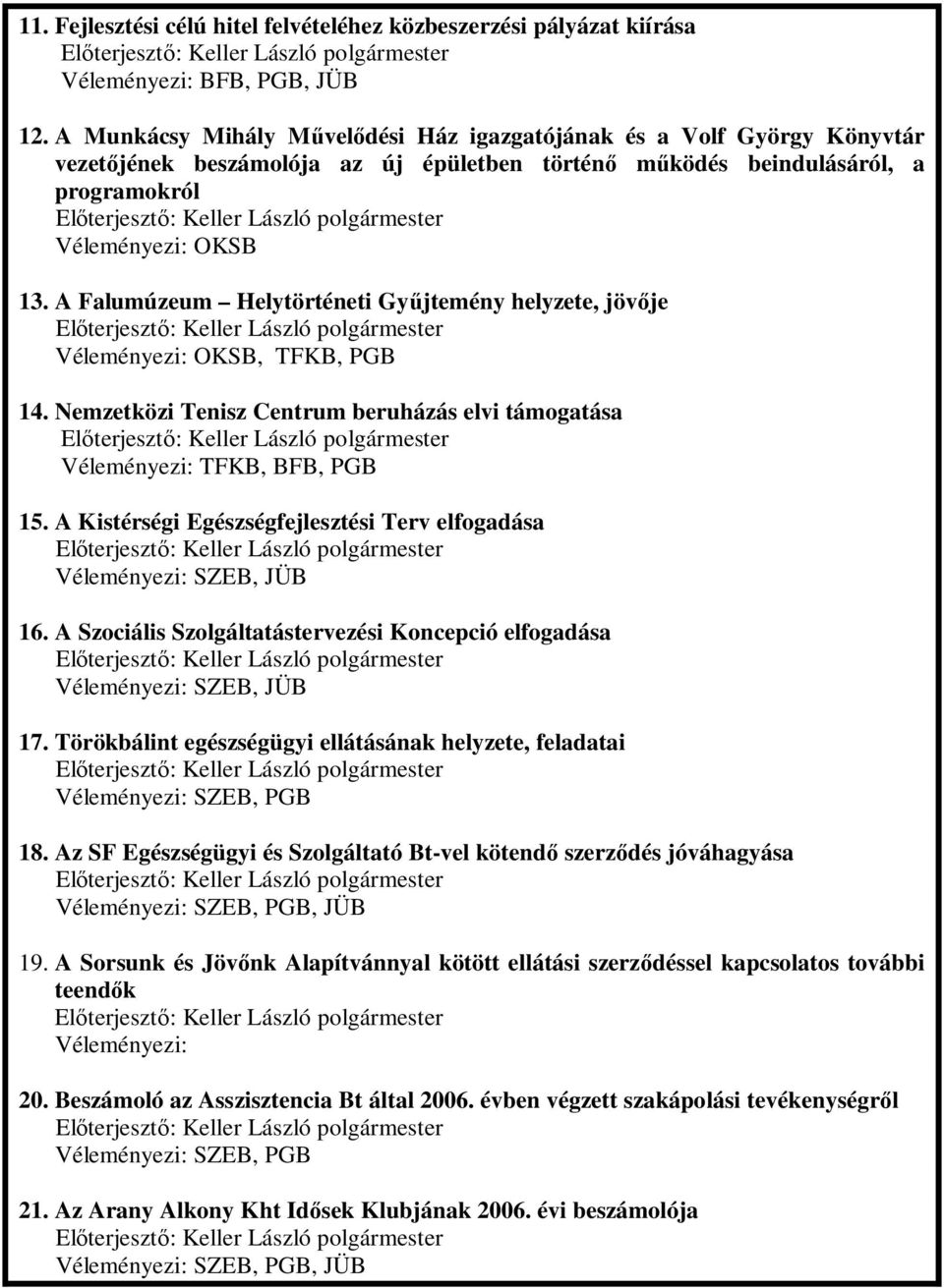 A Falumúzeum Helytörténeti Gyjtemény helyzete, jövje Véleményezi: OKSB, TFKB, PGB 14. Nemzetközi Tenisz Centrum beruházás elvi támogatása Véleményezi: TFKB, BFB, PGB 15.