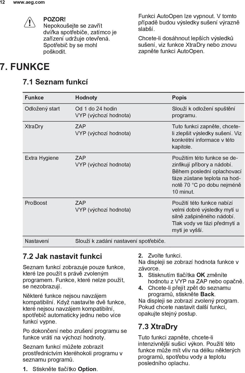 1 Seznam funkcí Funkce Hodnoty Popis Odložený start XtraDry Extra Hygiene ProBoost Od 1 do 24 hodin VYP (výchozí hodnota) ZAP VYP (výchozí hodnota) ZAP VYP (výchozí hodnota) ZAP VYP (výchozí hodnota)