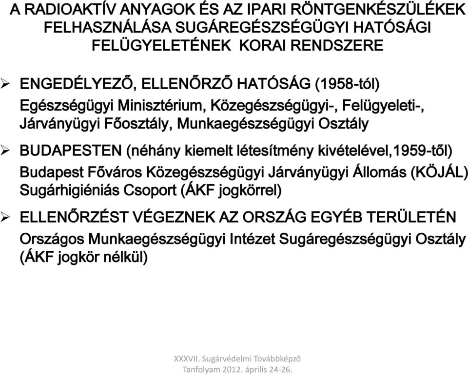 BUDAPESTEN (néhány kiemelt létesítmény kivételével,1959-től) Budapest Főváros Közegészségügyi Járványügyi Állomás (KÖJÁL) Sugárhigiéniás