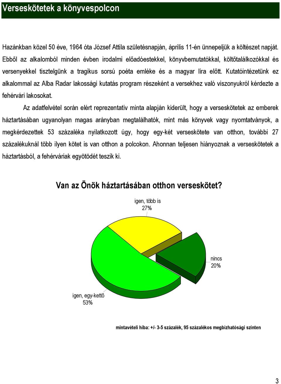 Kutatóintézetünk ez alkalommal az Alba Radar lakossági kutatás program részeként a versekhez való viszonyukról kérdezte a fehérvári lakosokat.