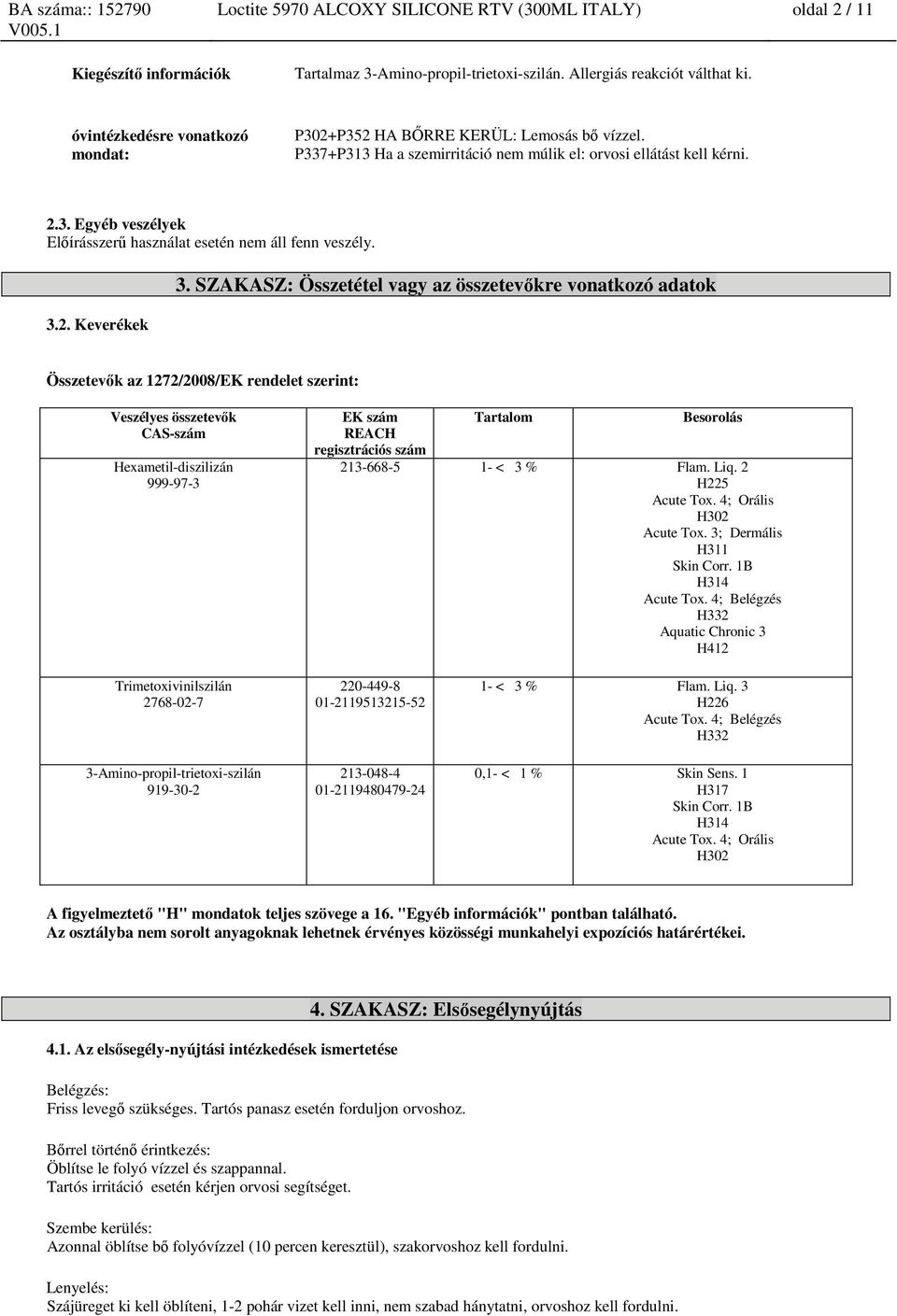 3.2. Keverékek 3. SZAKASZ: Összetétel vagy az összetevőkre vonatkozó adatok Összetevők az 1272/2008/EK rendelet szerint: EK szám REACH regisztrációs szám Tartalom Besorolás 213-668-5 1- < 3 % Flam.