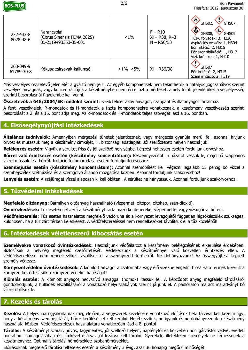 irritáció: 2, H315 Szem irritáció: 2, H319 Más veszélyes összetevő jelenlétét a gyártó nem jelzi.