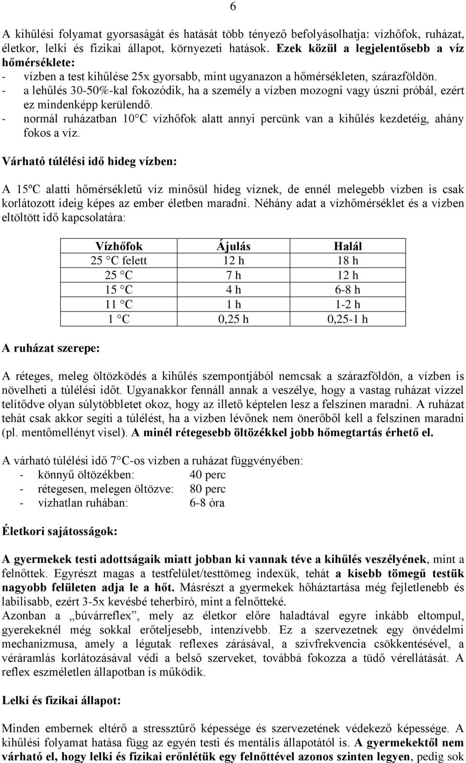 - a lehűlés 30-50%-kal fokozódik, ha a személy a vízben mozogni vagy úszni próbál, ezért ez mindenképp kerülendő.