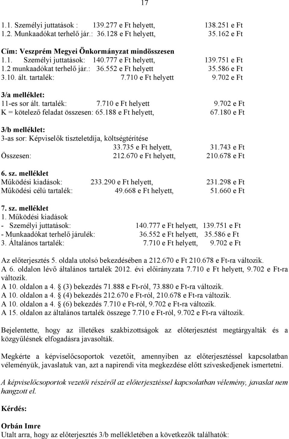 188 e Ft helyett, 67.180 e Ft 3/b melléklet: 3-as sor: Képviselők tiszteletdíja, költségtérítése 33.735 e Ft helyett, 31.743 e Ft Összesen: 212.670 e Ft helyett, 210.678 e Ft 6. sz.