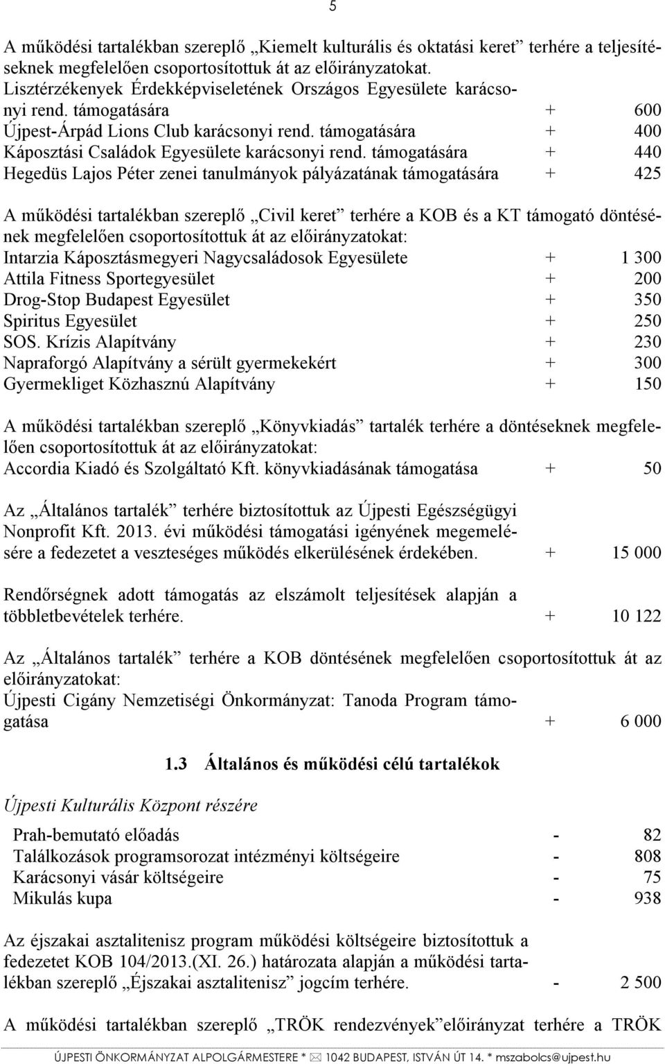 támogatására + 440 Hegedüs Lajos Péter zenei tanulmányok pályázatának támogatására + 425 A működési tartalékban szereplő Civil keret terhére a KOB és a KT támogató döntésének megfelelően