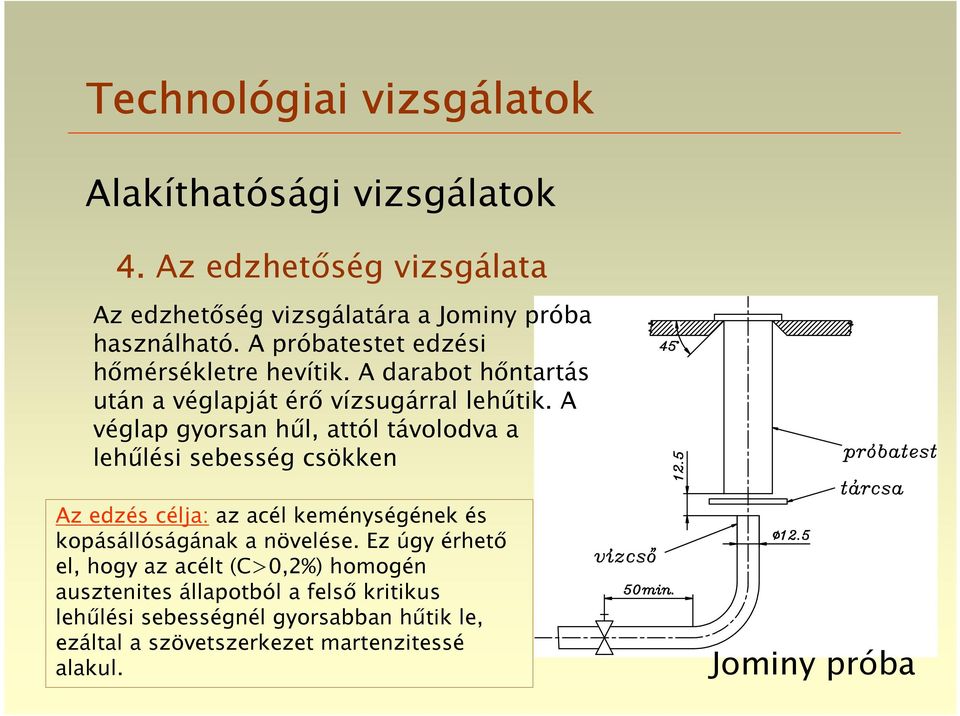 A véglap gyorsan hűl, attól távolodva a lehűlési sebesség csökken Az edzés célja: az acél keménységének és kopásállóságának a