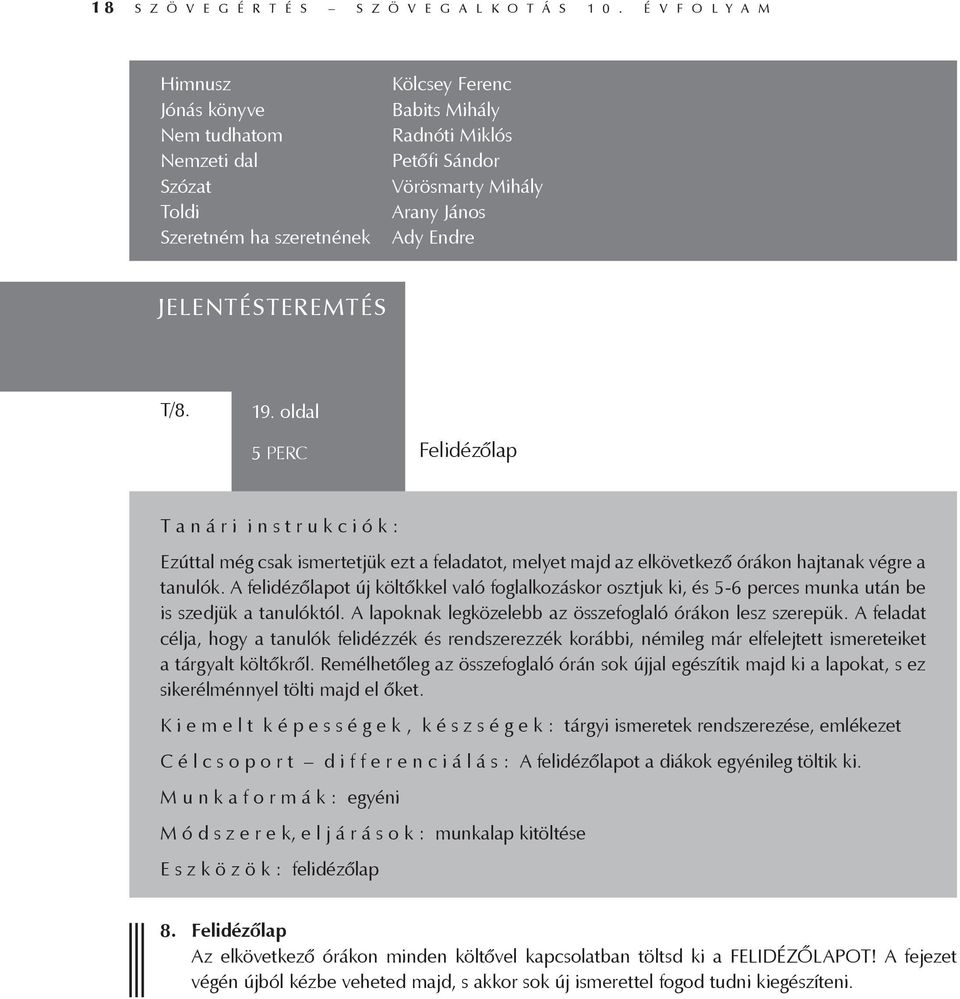 JELENTÉSTEREMTÉS T/8. 19. oldal 5 PERC Felidézőlap T a n á r i i n s t r u k c i ó k : Ezúttal még csak ismertetjük ezt a feladatot, melyet majd az elkövetkező órákon hajtanak végre a tanulók.